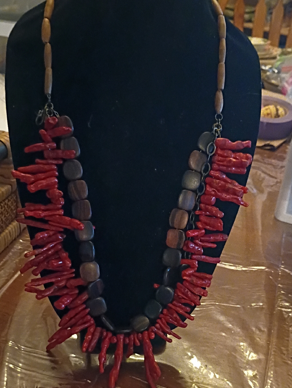 Handmade Red Coral & Brown Wood Bead Statement Necklace